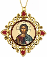 Christ The Teacher, Jeweled Round Framed Byzantine Icon with Chain