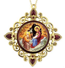 The Nativity, Jeweled Round Framed Icon with Chain