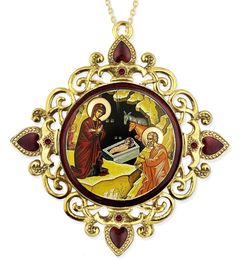 The Nativity, Jeweled Round Framed Icon with Chain