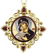 Virgin of Vladimir, Jeweled Round Framed Icon with Chain