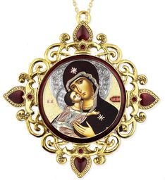 Virgin of Vladimir, Jeweled Round Framed Icon with Chain
