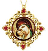 Virgin of Vladimir, Jeweled Round Framed Icon with Chain