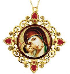 Virgin of Vladimir, Jeweled Round Framed Icon with Chain