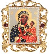 Virgin Mary Czestochowa, Jeweled Framed Icon w/ Stand and Chain