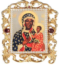 Virgin Mary Czestochowa, Jeweled Framed Icon w/ Stand and Chain