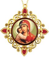 Virgin Mary Feodorovskaya, Jeweled Round Framed Icon with Chain