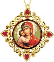 Virgin Mary Feodorovskaya, Jeweled Round Framed Icon with Chain