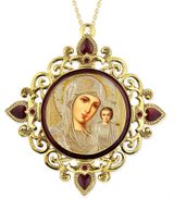 Virgin of Kazan, Jeweled Round Framed Icon with Chain