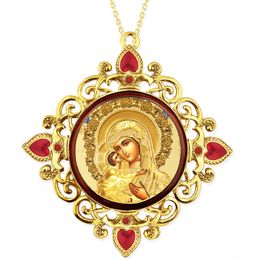 Virgin of Feodorovskaya, Jeweled Round Framed Icon with Chain