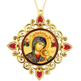 Virgin Mary Perpetual Help, Jeweled Round Framed Icon with Chain