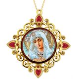 Virgin Mary Extreme Humility, Jeweled Round Framed Icon with Chain