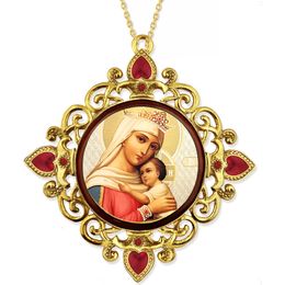 Virgin of Hope, Jeweled Round Framed Icon with Chain