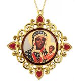 Virgin Mary Czestochowa, Jeweled Round Framed Icon with Chain