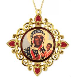 Virgin Mary Czestochowa, Jeweled Round Framed Icon with Chain