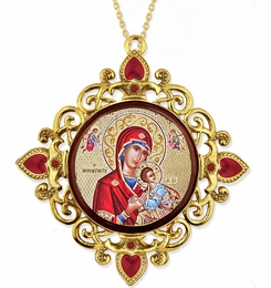 Virgin Mary Perpetual Help, Round Framed Byzantine Icon with Chain