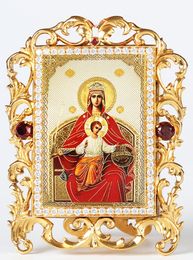 Virgin Mary "Reigning", Jeweled Framed Icon With Stand and Chain