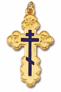 Three Barred St. Olga Silver Cross, 24kt Gold Plated with Blue Enamel