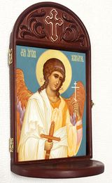 Guardian Angel, Gold Foil Icon Wooden Shrine With Shelf 