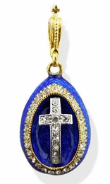 "Holy Spirit/Cross" Reversible Faberge Style Egg Pendant, Blue 