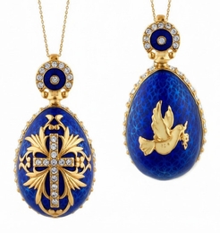 Reversible Egg Pendant "Holy Spirit/Cross", Silver / Gold Plated, Blue