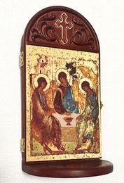 The Holy Trinity, Silkscreen Icon Wooden Shrine With Shelf 
