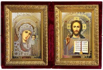 Virgin of Kazan and Christ the Teacher, Icon Diptych in Velvet Case, Extra Large