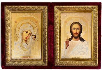 Virgin of Kazan and Christ the Teacher, Icon Diptych in Velvet Case, Extra Large