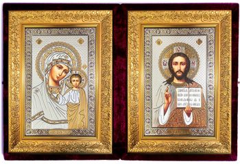Christ Almighty / Virgin of Kazan, Icon Diptych in Velvet Case, Extra Large