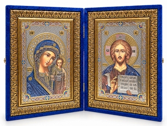 Christ Almighty / Virgin of Kazan, Icon Diptych in  Blue Velvet Case, Extra Large