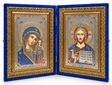 Christ Almighty / Virgin of Kazan, Icon Diptych in  Blue Velvet Case, Extra Large