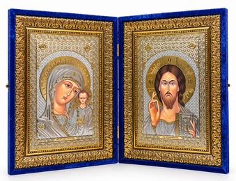 Christ Almighty / Virgin of Kazan, Icon Diptych in  Blue Velvet Case, Extra Large