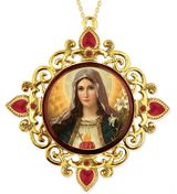 Immaculate Heart of Virgin Mary, Jeweled Framed Icon with Chain