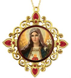 Immaculate Heart of Virgin Mary, Jeweled Framed Icon with Chain