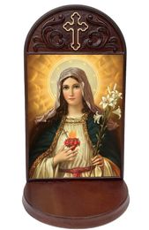 Immaculate Heart of Mary, Gold Foil Icon Wooden Shrine With Shelf 