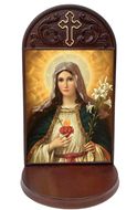 Immaculate Heart of Mary, Gold Foil Icon Wooden Shrine With Shelf 