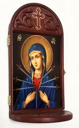 Virgin Mary of Seven Swords Icon in Wooden Shrine With Shelf 