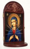 Virgin Mary of Seven Swords Icon in Wooden Shrine With Shelf 