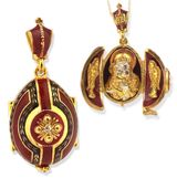 Virgin Mary and Christ, Silver, Gold Gilded Egg Pendant Locket, Red