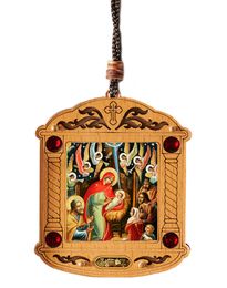 The Nativity, Wooden Icon Shrine Pendant Ornament on Rope