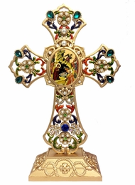 Filigree Standing Jeweled Cross with Nativity,  Gold Foil Byzantine Icon