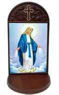 Our Lady of Grace, Gold Foil Icon Wooden Shrine With Shelf 