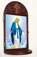 Our Lady of Grace, Gold Foil Icon Wooden Shrine With Shelf 