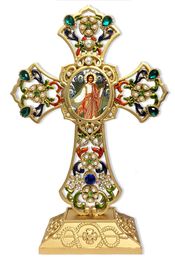 Resurrection of Christ Icon in Filigree Standing Jeweled Cross 