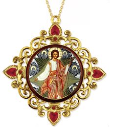 Resurrection of Christ, Jeweled Round Framed Icon with Chain