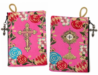Blessed Sacrament Monstrance and Cross, Tapestry Pouch Case, Pink