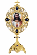 Sacred Heart of Jesus Icon in Pearl Jeweled Shrine, Blue Crystals