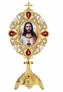 Sacred Heart of Jesus Icon in Pearl Jeweled Shrine, Red Crystals