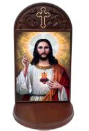 Sacred Heart of Jesus, Gold Foil Icon Wooden Shrine With Shelf 