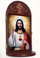 Sacred Heart of Jesus, Gold Foil Icon Wooden Shrine With Shelf 