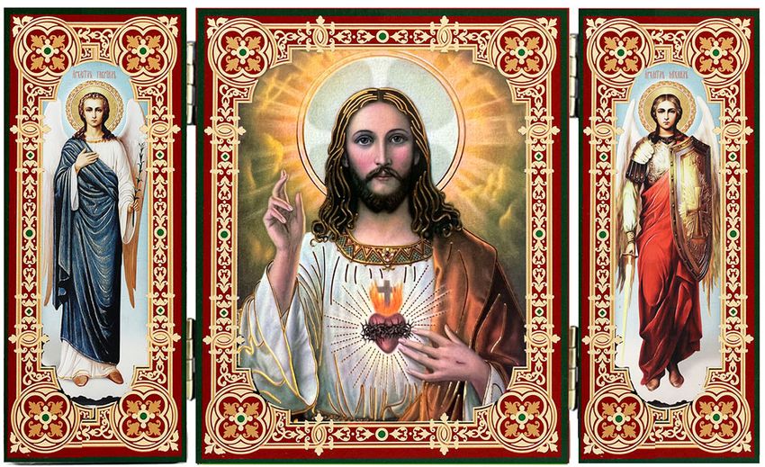 Sacred Heart of Jesus, Icon Triptych with Arch. Michael and Gabriel